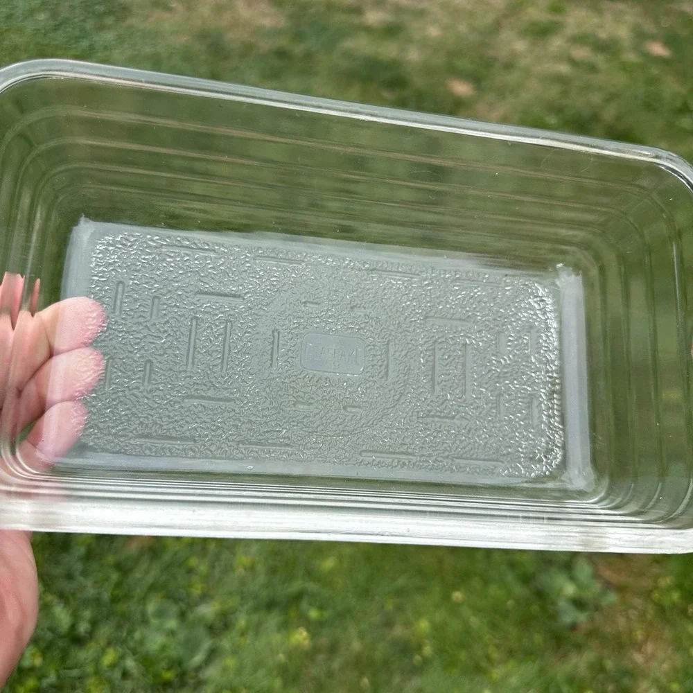 Vintage GLASBAKE #59 Clear Glass Loaf Pan Baking Dish Ornate Orange Handles USA